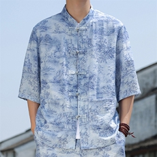 2025夏季新款风男装盘扣新中式唐装花卉印花衬衫C109-P50，男装衬衫，电商B277(原6028)
