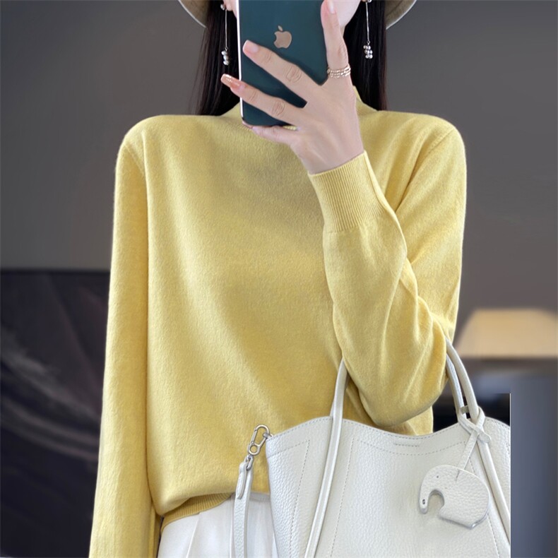 时尚百搭半高领女士针织衫秋冬必备打底衫简约纯色显瘦毛衣，女装针织衫/毛衣，昭美羊绒