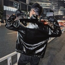 春款社会风小伙PU皮亮面修身立领黑武士机车夹克D1150-P115控148，男装皮衣，星座308A
