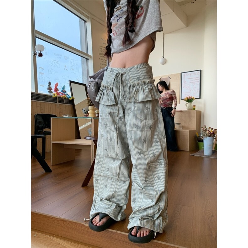 美式条纹满印工装裤女秋季休闲褶皱阔腿裤可拆卸屁帘LB30933-P50图片