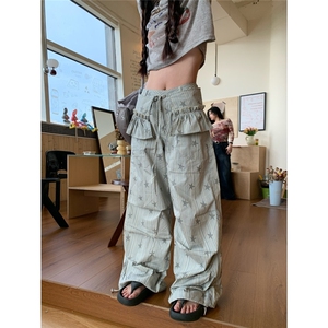 美式条纹满印工装裤女秋季休闲褶皱阔腿裤可拆卸屁帘LB30933-P50图片
