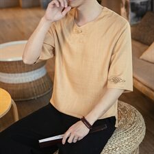 夏新款亚麻竹节棉麻短袖中国风盘扣祥云刺绣五分袖大码T恤T511，男装T恤，电商A021A