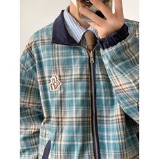 美式两面穿格子夹克男女春秋新款宽松工装翻领短款情侣装外套上衣，男装夹克，星座1210-1