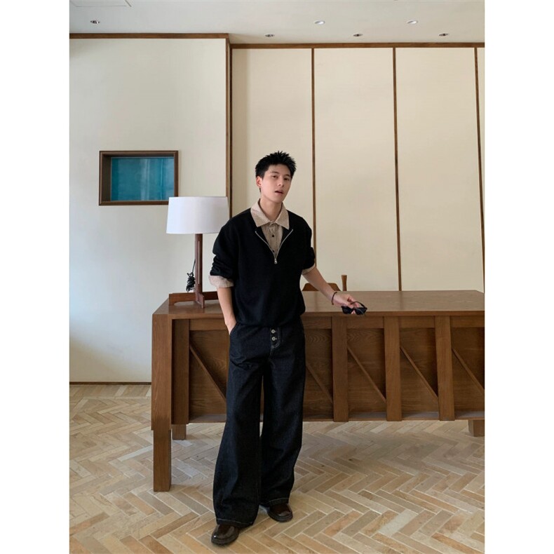 美式潮牌假两件POLO翻领半拉链卫衣男生cleanfit潮流上衣,男装Polo衫,四季星座505