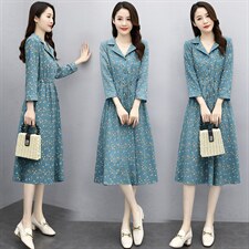 淑女长袖中长款A型套头中腰花色连衣裙2021年春季，女装连衣裙，香水丽阁