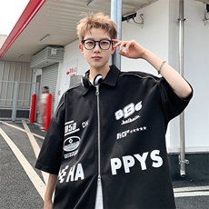 405A港风设计感拉链装饰印花衬衫短袖T恤CS03-P45控68，男装T恤，星座405A