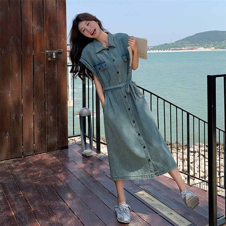港风复古休闲牛仔连衣裙女2025夏季新款高级感显瘦长款直筒衬衫裙,女装连衣裙,维壹