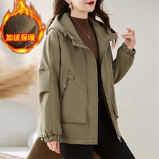 卡其色工装派克服棉服女2025冬季新款小个子宽松连帽加绒加厚外套，女装棉衣/棉服，慕咨