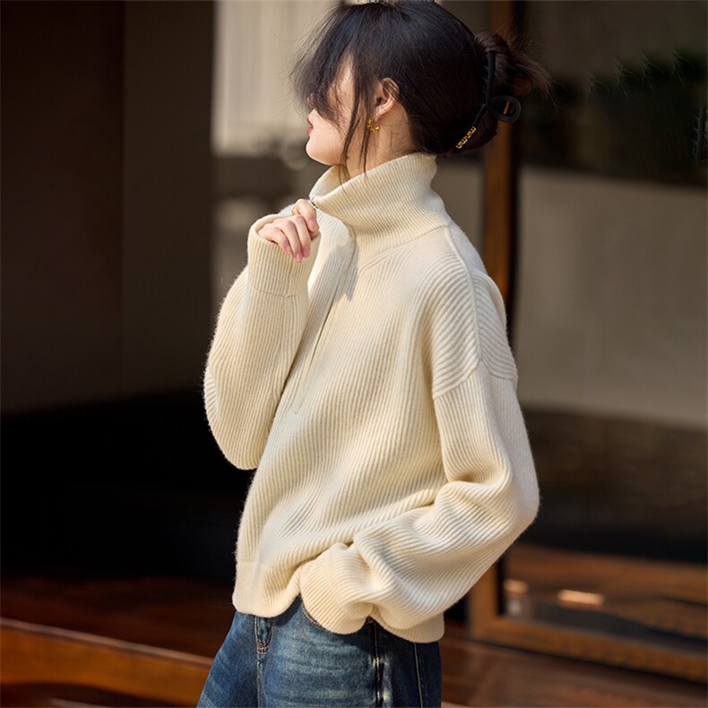 镇店~潇洒至ji！女半拉链立领纯山羊绒衫宽松毛衣宽松针织衫,针织衫/毛衣,江帆羊绒
