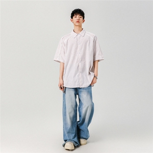 美式条纹冰丝短袖衬衫男款夏季宽松情侣翻领半袖衬衣休闲复古外套图片