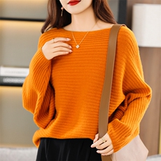 2023秋冬羊毛衫女一字领套头宽松毛衣纯色针织蝙蝠衫，女装羊毛衫，唯若美羊绒