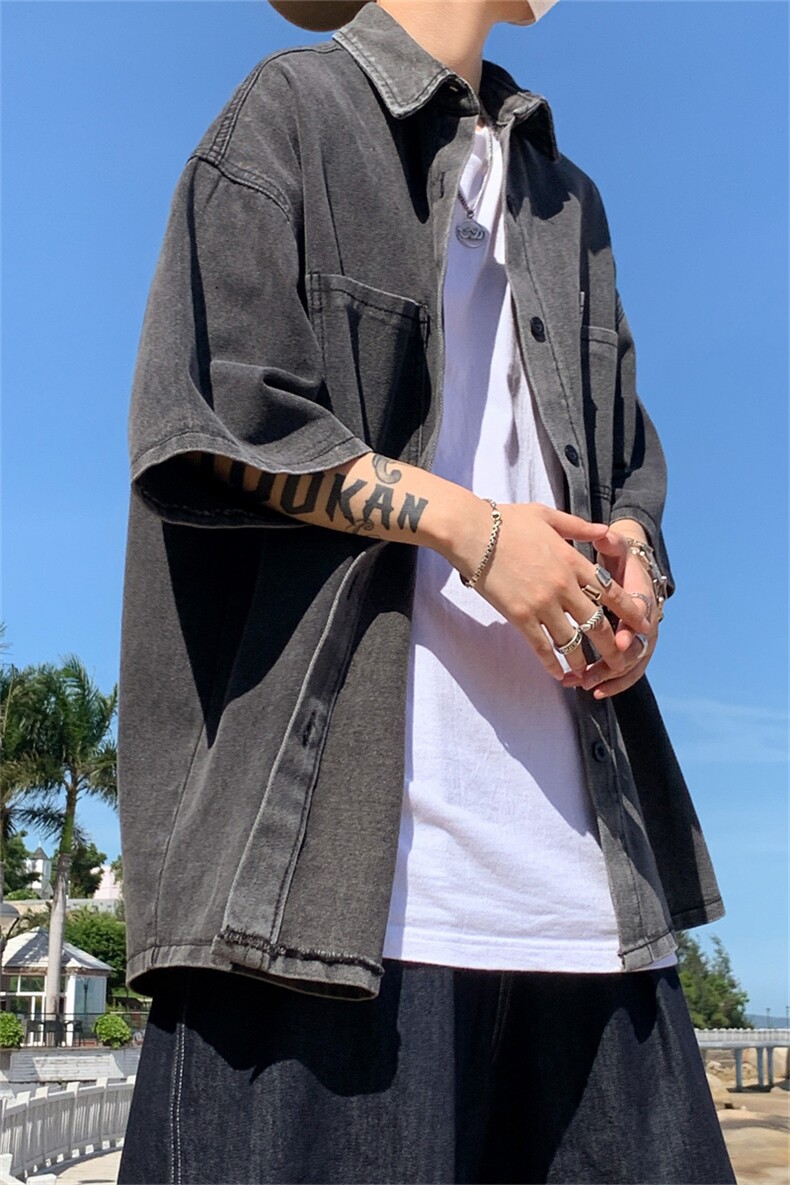 港风日系牛仔衬衫男短袖夏季穿搭痞帅衬衣夏季外套潮牌设计感小众,男装衬衫,星座505-2（原电商A260-1)
