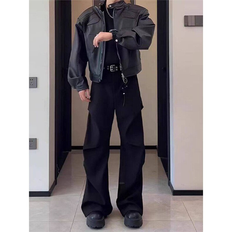 黑色褶皱伞兵工装裤男款微喇cleanfit裤子设计感垂坠感高级感西裤图片