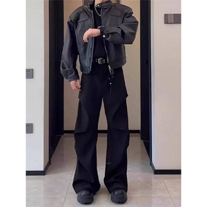 黑色褶皱伞兵工装裤男款微喇cleanfit裤子设计感垂坠感高级感西裤图片