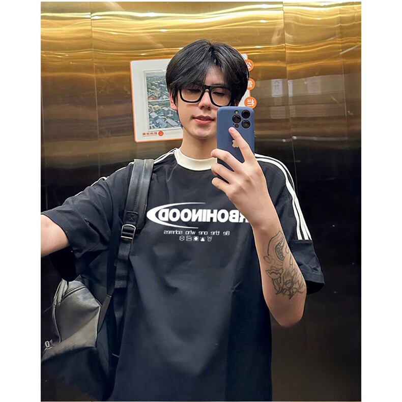 抖音得物供货240克宽松纯棉美式潮牌印花三杠半织带短袖T恤AT1608,男装T恤,电商A443