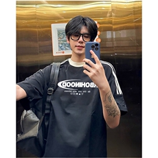 抖音得物供货240克宽松纯棉美式潮牌印花三杠半织带短袖T恤AT1608，男装T恤，电商A443