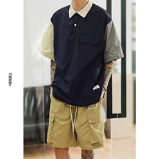 Q377-P40夏季复古工装多口袋撞色polo衫翻领宽松男女短袖上衣，男装Polo衫，星座911-1