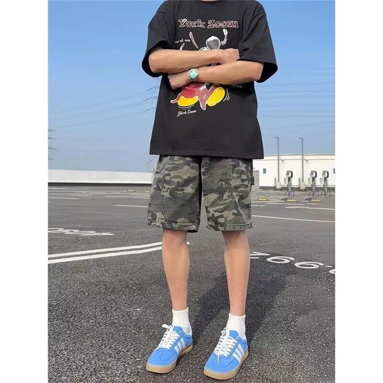 cleanfit迷彩牛仔短裤男夏季薄款美式复古解构裤子过膝工装五分裤,男装牛仔裤,星座1008