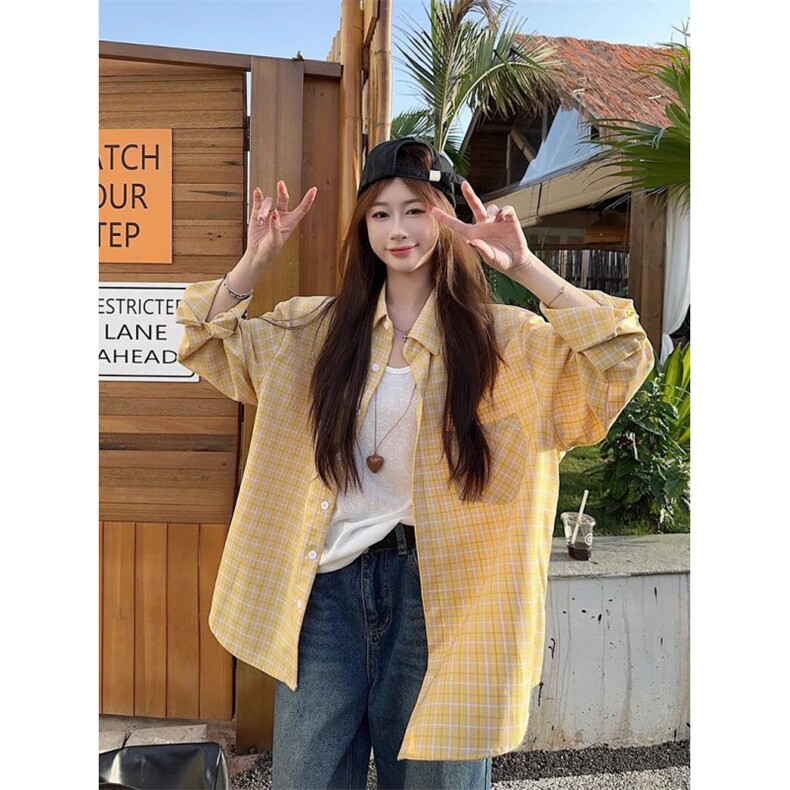 TC608-P45黄色格子长袖衬衫女夏季慵懒风宽松开衫polo领口，女装衬衫，星座617A-2