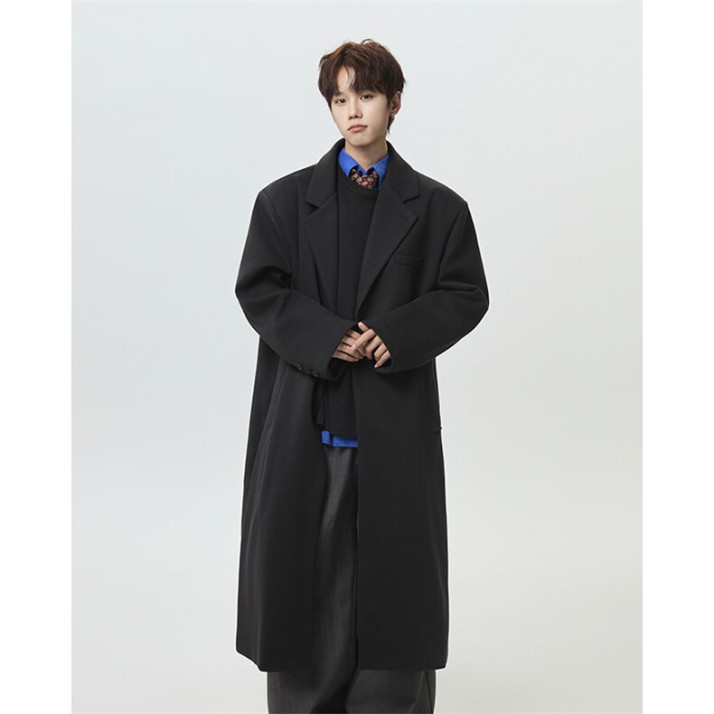 黑色加棉加厚呢子风衣外套韩版垫肩长款毛呢大衣男FY2415-P138，男装风衣，电商B289