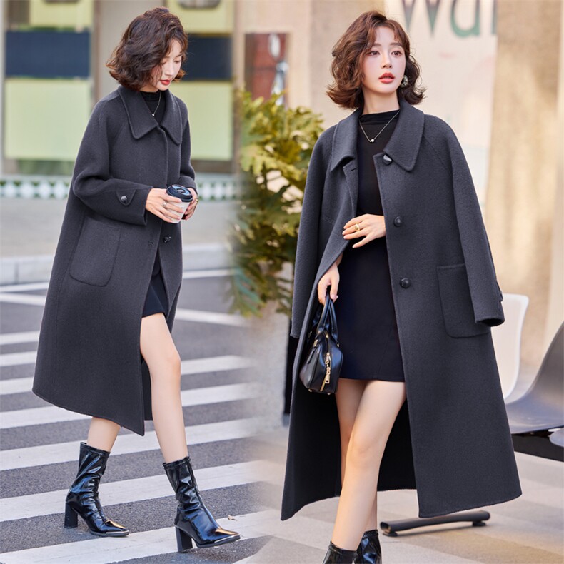 双面羊毛大衣女2025年秋冬新款气质百搭中长款显瘦100%羊毛外套,女装双面呢大衣,小荷流