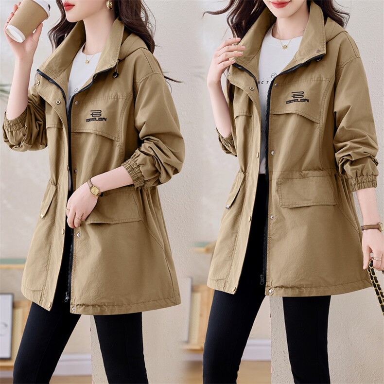 风衣女中长款2025新款宽松显瘦收腰减龄连帽休闲早春外套女春秋款，女装风衣，依万里