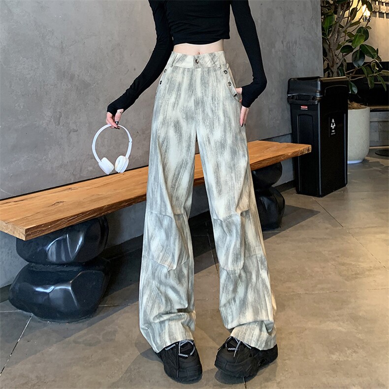 2025秋甜酷扎染工装裤高腰男女同款高街嘻哈宽松直筒阔腿长裤，女装休闲裤，梦白服饰厂