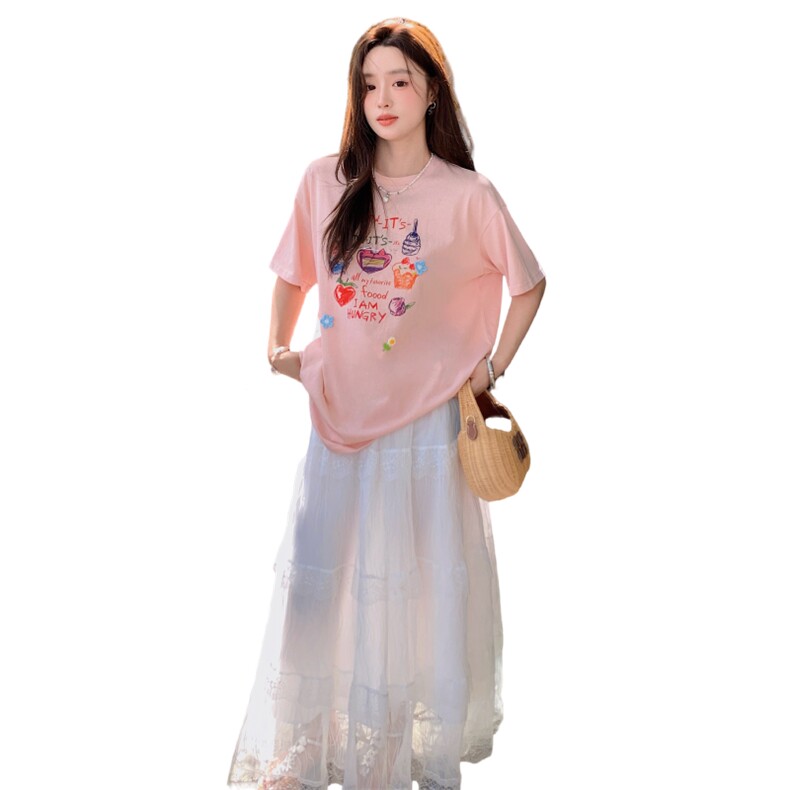 时髦小众粉色印花短袖T恤半身裙两件套女宽松百搭上衣2025夏新款,女装连衣裙,2D008