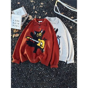 美式复古猫咪提花polo领毛衣男秋冬季宽松休闲软糯慵懒针织衫潮流图片