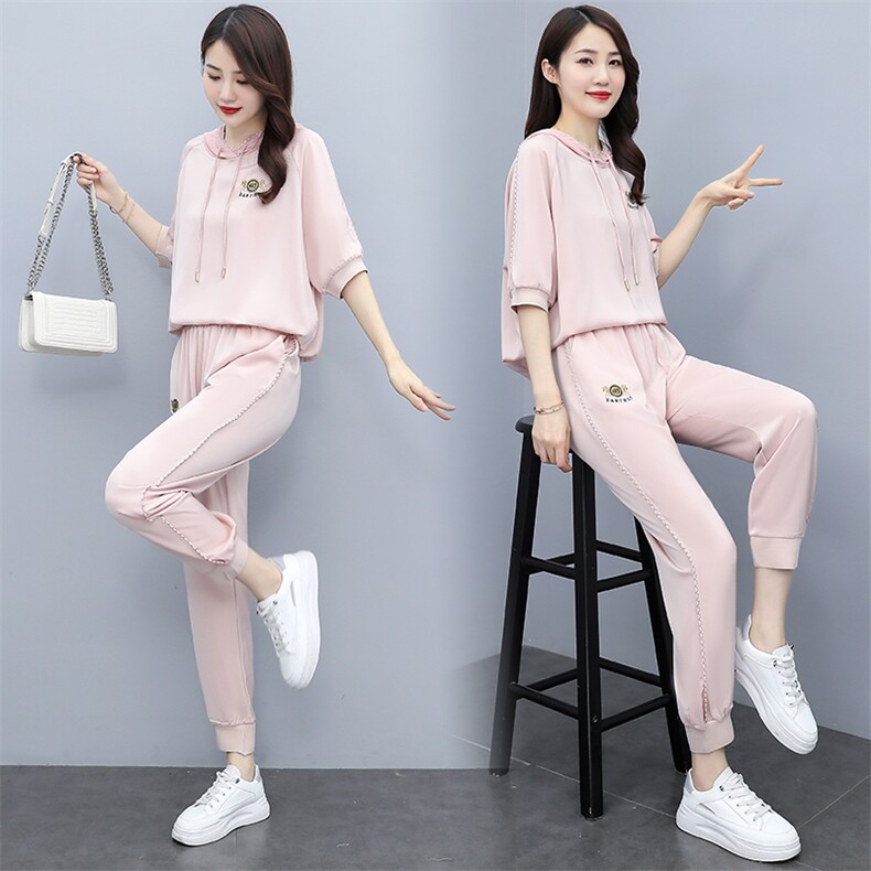 冰丝休闲运动套装女夏季2025新款时尚醋酸连帽气质高端洋气两件套，女装套装/套裙，奕薇雅