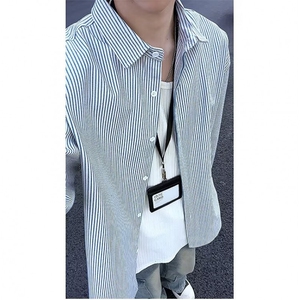 1506/QC2380/P44复古条纹长袖衬衫男干净上衣高级感痞帅衬衣外套图片