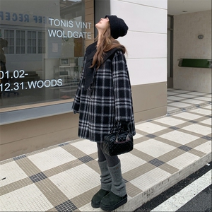 现货新款双面韩系格子披肩围巾双面羊绒大衣中长宽减龄羊毛呢外套图片