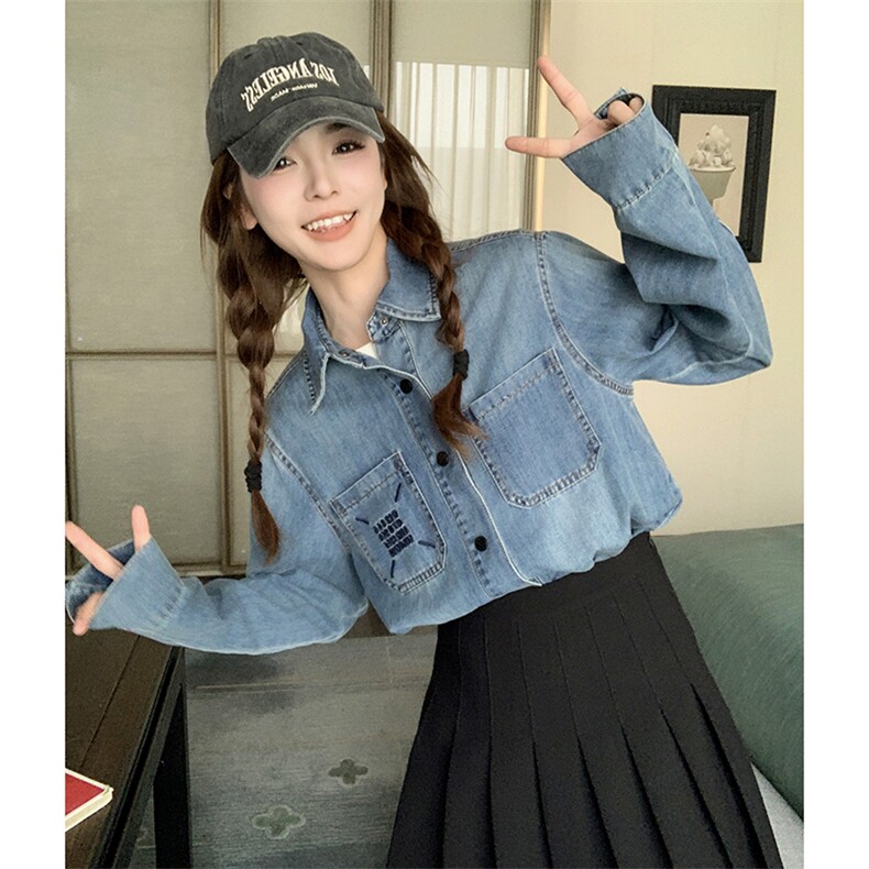 水洗做旧刺绣数字牛仔长袖衬衫外套女美式宽松中长款男友风春装BF,女装衬衫,浙宝220