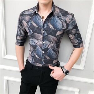 235-P55 2021新款英伦韩版中袖衬衫个性帅气印花衬衣1图片