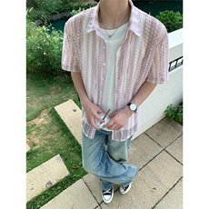 韩版条纹镂空短袖衬衫男女夏季帅气潮流冰丝透气半袖衬衣叠穿外套，男装T恤，星座1210-1