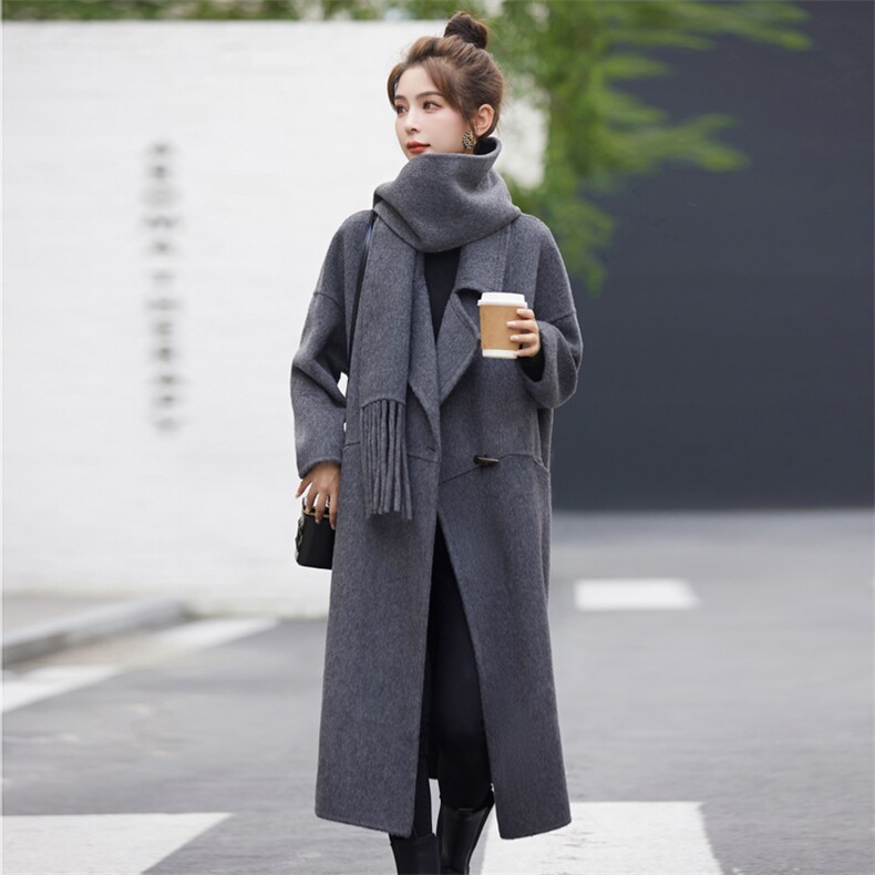 深灰双面羊绒大衣女中长款宽围巾松杭州秋冬韩版时尚毛呢外套,女装毛呢外套,乐吉娜