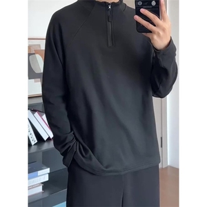 半拉链双面德绒黑色打底衫T恤卫衣男春秋潮牌高级感修身运动上衣图片