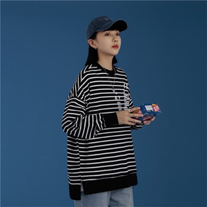 新款男女春秋条纹高品质情侣日系套头卫衣休闲714-1-WY03-P45图片