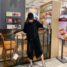 妙形M女装休闲宽松两件套2024年夏季T恤配休闲拼接裤子显瘦，女装套装/套裙，天丽