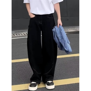 弯刀蟒黑色牛仔裤阔腿男女裤子直筒休闲裤大口袋 N895图片