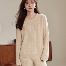 2025春秋新款羊绒衫女100山羊绒圆领纯色绞花针织衫宽松加厚上衣，女装羊绒衫，绒知纯羊绒
