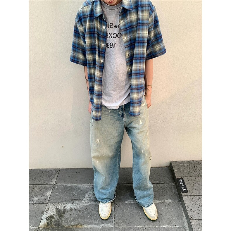 美式复古慵懒格子情侣衬衫男女夏季短袖宽松休闲外套CDA01-P34,男装T恤,星座208-5