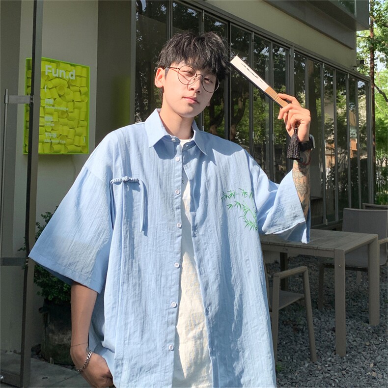 中式复古竹子印花竹节棉垂感短袖袖衬衫CS2411特p42控78抖音控89,男装衬衫,电商B370