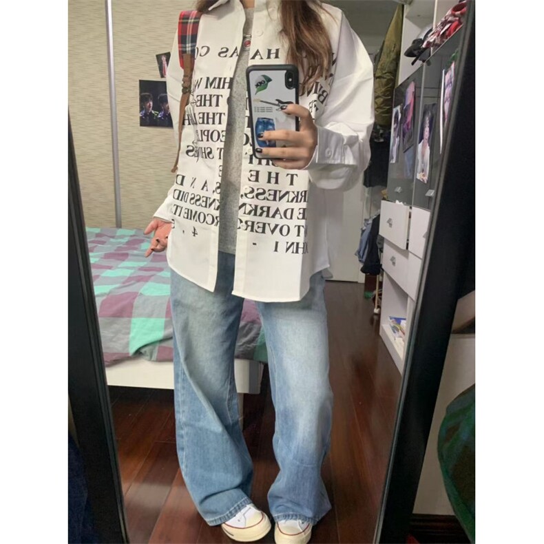 【有货】白色衬衫男女款设计感高级感美式字母长袖衬衣1288HH-P39,男装衬衫,星座1007（原301D）