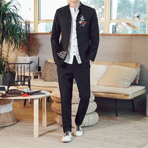 W202 *2021男士中山装两件套复古中国风立领西装套 纯色 * P120图片