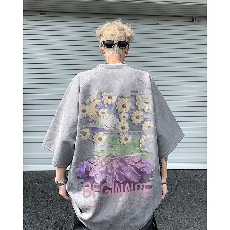 港风潮流印花麂皮绒短袖t恤情侣男女百搭半袖美式潮上衣H9915-P28,男装T恤,电商B295