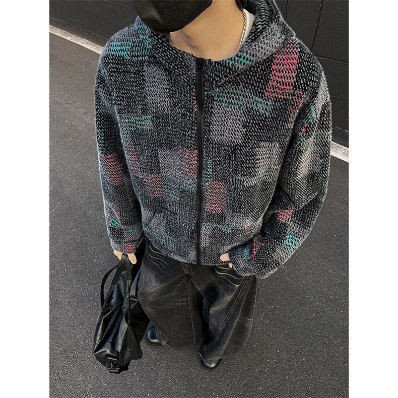 YK86136-P70美式复古针织开衫连帽卫衣男秋冬季宽松休闲彩色格子,男装卫衣,电商A086-1