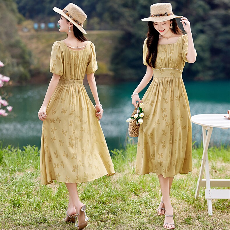 《48H发》优雅淑女范印花连衣裙气质显瘦长款A字裙甜美泡泡袖设计，女装连衣裙，魅丽静蓝