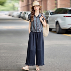 2026新款夏装条纹短袖翻领衬衫女士阔腿九分裤两件套时尚洋气套装，女装衬衫，梦懿尔