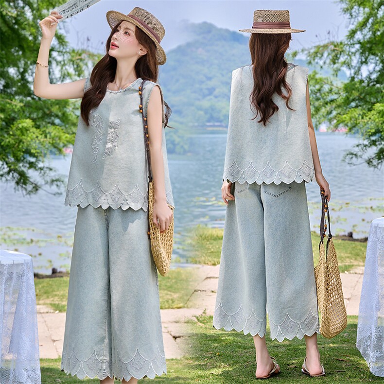 现货2026年夏季重工刺绣潮牛仔新款两件套装,女装套装/套裙,艾仟回(原伊仟回)